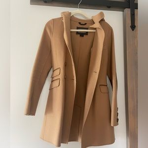 Luxury tan jacket with hood and elbow patches; worn once; size XS